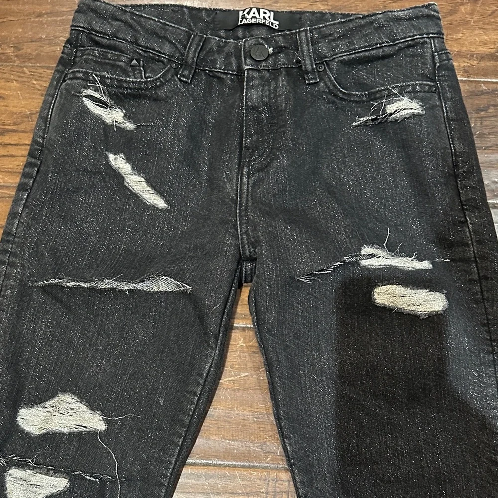 Karl Lagerfeld Black Distressed Skinny Metallic Jeans size 26 Luxury Denim - Picture 2 of 8